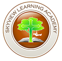 A brown and white logo for skyview learning academy.