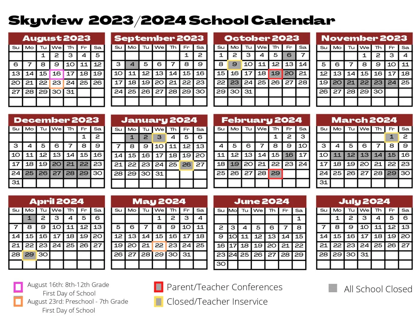 A calendar with all the school year 's listed.
