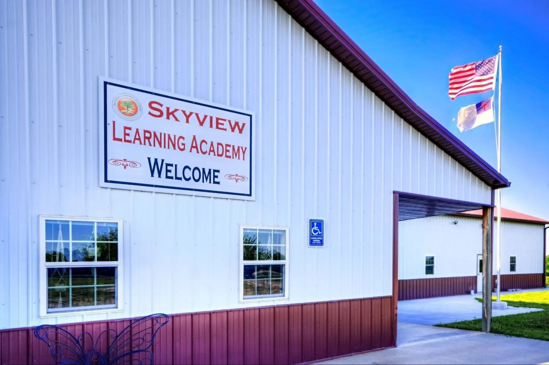 A building with the words skyview learning academy on it.